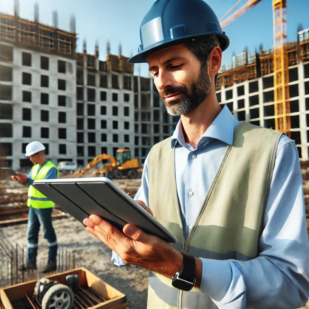 Engenheiro no canteiro de obras utilizando um tablet para monitorar o progresso do projeto, demonstrando a eficiência na gestão de obras.