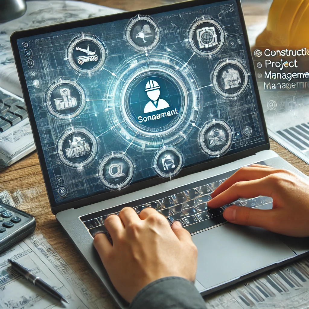 Software de gestão de projetos de construção exibido em uma tela de computador, destacando o uso da tecnologia na gestão de obras.