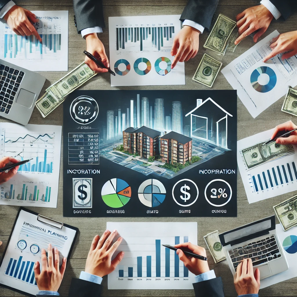 Gráfico de planejamento financeiro para um projeto de desenvolvimento imobiliário, representando o processo de incorporação imobiliária.