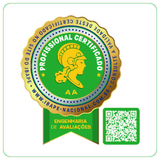 Selo oficial de certificação profissional do IBAPE Nacional para Engenharia de Avaliações, nível AA, com QR Code para validação.